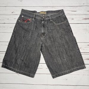 Vintage Delf Embroidered Pockets Distressed Denim Shorts Size 38 Y2K Baggy